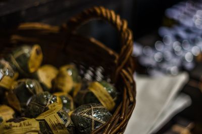 High angle view of eggs in basket on table