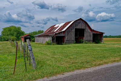 Built structure on field against sky