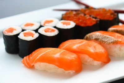 Close-up of sushi served in plate