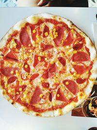 High angle view of pizza on table