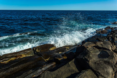 Scenic view of sea against clear blue sky
