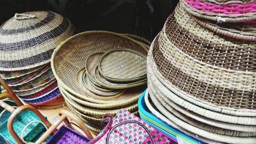 High angle view of baskets for sale in market