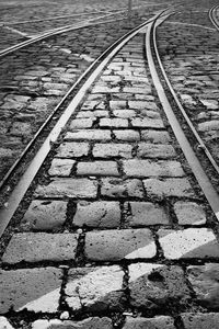 High angle view of railroad tracks on street
