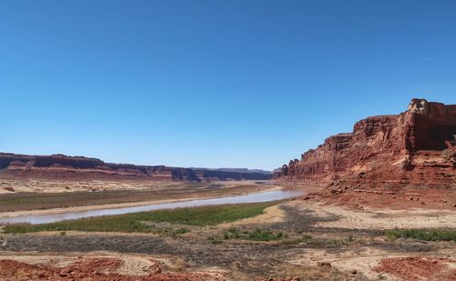 Scenic view of desert against clear blue sky