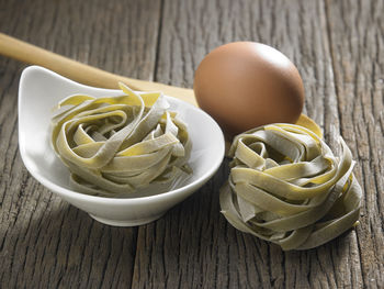 Close-up of fusilli pasta on table