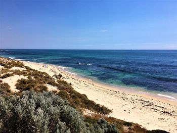 Scenic view of sea against clear blue sky