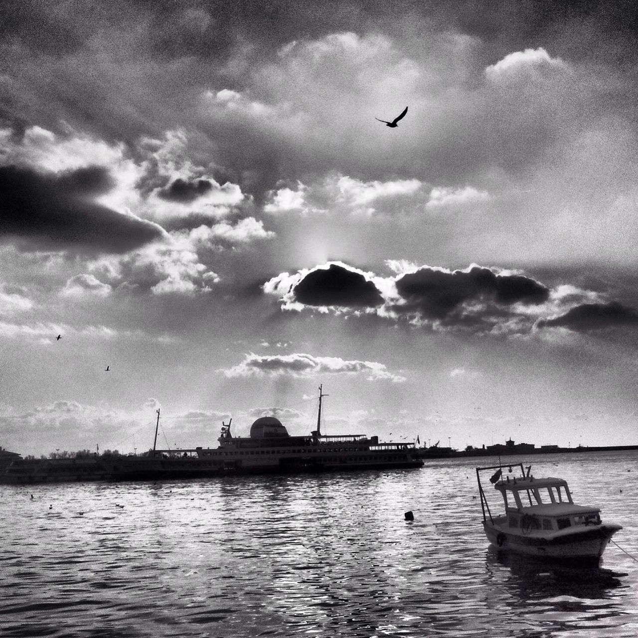 transportation, nautical vessel, mode of transport, water, sky, boat, bird, flying, waterfront, cloud - sky, sea, animal themes, wildlife, cloudy, nature, cloud, animals in the wild, moored, tranquil scene, travel