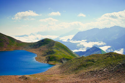 Scenic view of lake and mountains against sky