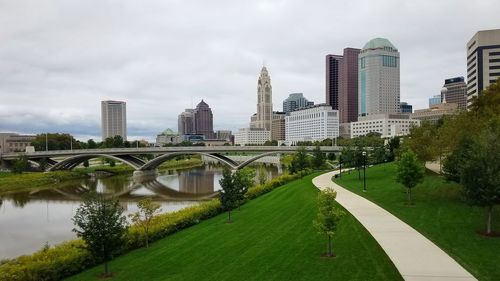 Bridge over river by buildings against sky in city