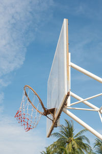 Basketball hoop in the clear blue sky in the midday light.