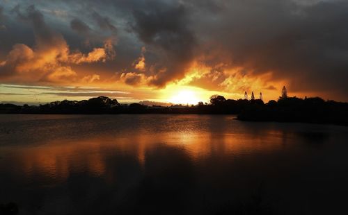 Scenic view of lake against sky during sunset