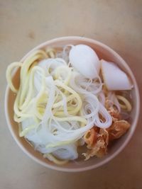 High angle view of noodles in bowl on table