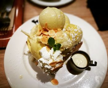 High angle view of dessert in plate on table