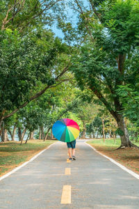 Rear view of woman with umbrella walking on road