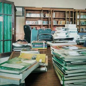 Stack of books on table