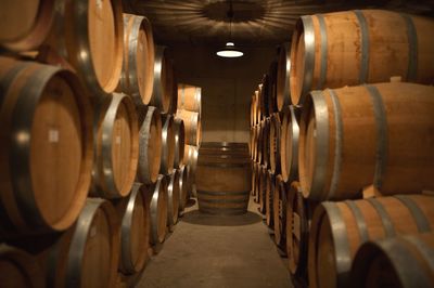 Barrels in wine cellar