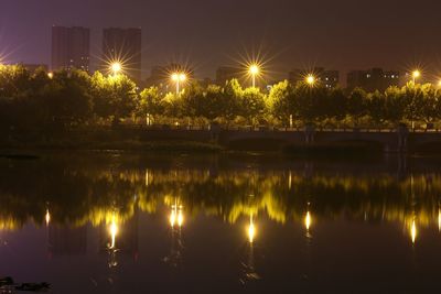 Illuminated street lights by lake against sky at night