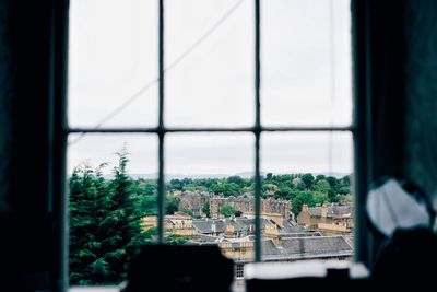 Trees and buildings seen through window