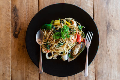 High angle view of meal served on table