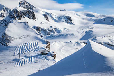 High angle view of snowcapped mountains against sky