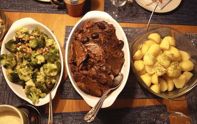 Close-up of food served on table