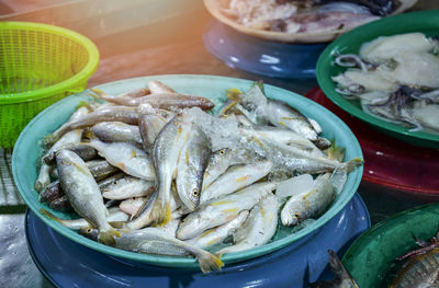 High angle view of fish in plate on table