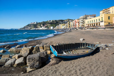 Scenic view of beach against clear blue sky