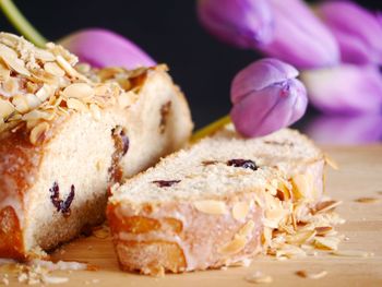 Close-up of chopped bread on table