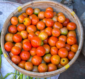 High angle view of tomatoes in basket