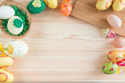 High angle view of multi colored candies on table