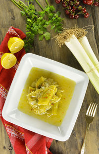 High angle view of food in bowl on table