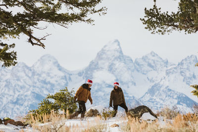 Happy couple walks with christmas tree in the tetons christmas tree