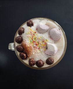 High angle view of dessert served on table