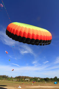 Low angle view of kites flying in blue sky