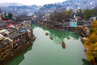 Drone view of fenghuang ancient town in hunan province, china