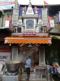 Rear view of man outside temple in building