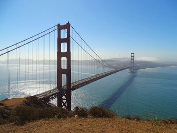 View of suspension bridge over sea