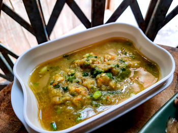 High angle view of soup in bowl on table