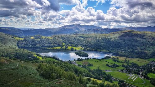 Scenic view of lake and mountains against sky