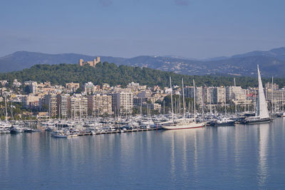 Sailboats moored in harbor by city against sky