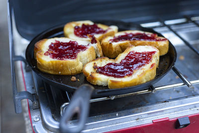 Toast with jelly on cast iron skillet