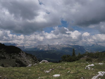 Scenic view of mountains against cloudy sky