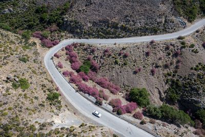 High angle view of car parked on road