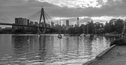 View of bridge over river in city