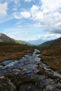 Scenic view of mountains against cloudy sky