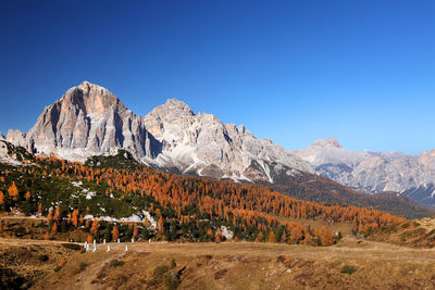 Scenic view of mountains against clear blue sky