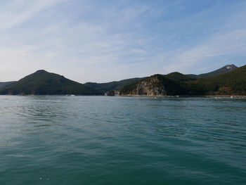 Scenic view of lake against blue sky