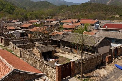 High angle view of houses in town