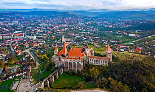 High angle view of buildings in city