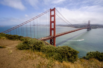 View of suspension bridge against cloudy sky